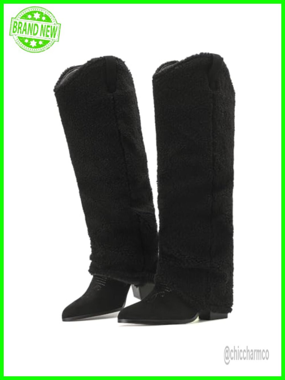 Fold Over Knee High Boots with Berber Fleece Faux Suede Chunky Heel Western
